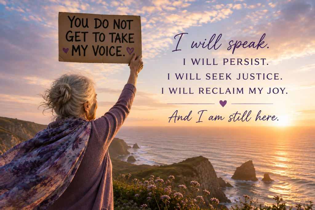An abused elder woman reclaims her voice after having a man put his hands on her in abuse.